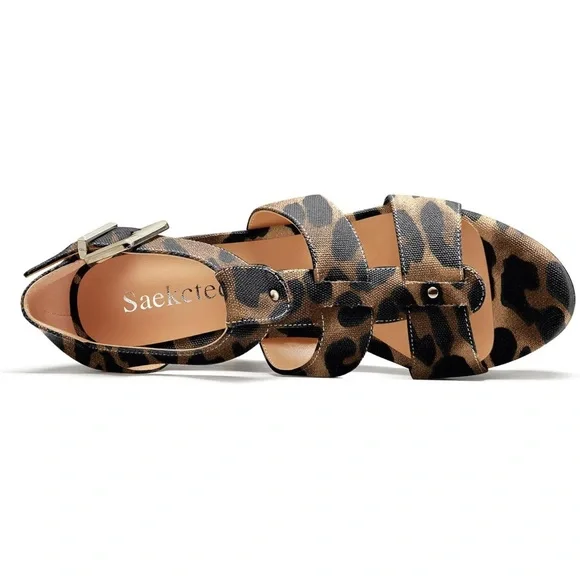 Brown Leopard Print Wedge Sandals with Strappy Design - Picture 4 of 10